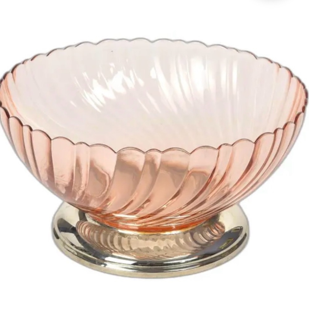 French Vintage Arcoroc Rosaline Pink Swirl Serving Bowl 10" Silver Base